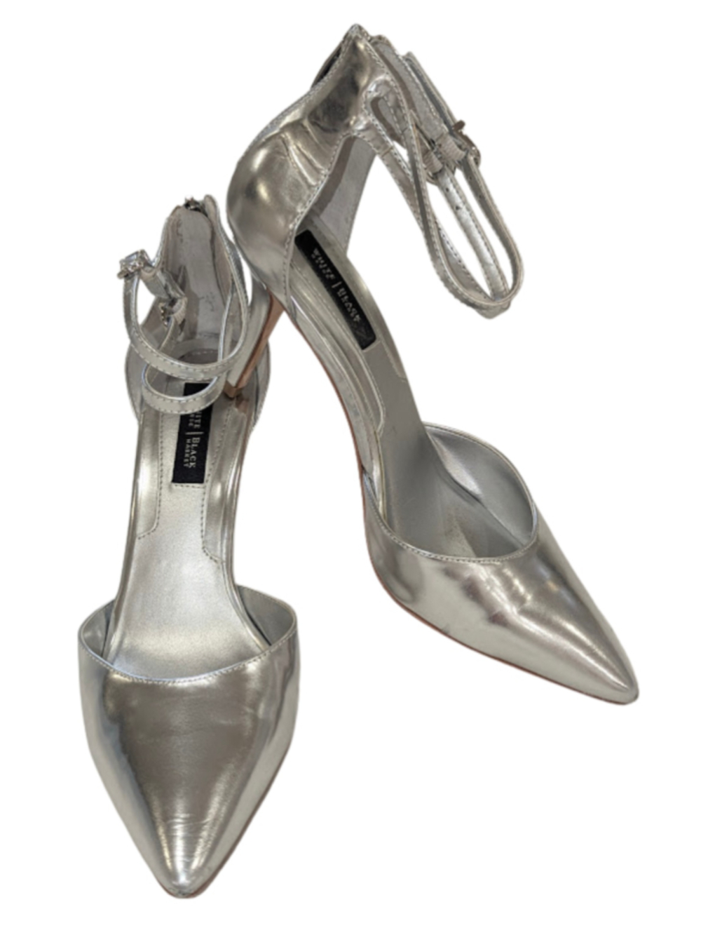 WHBM Silver Metallic Heels 8 Pointed Toe Ankle Strap Stiletto Y2K Office Siren